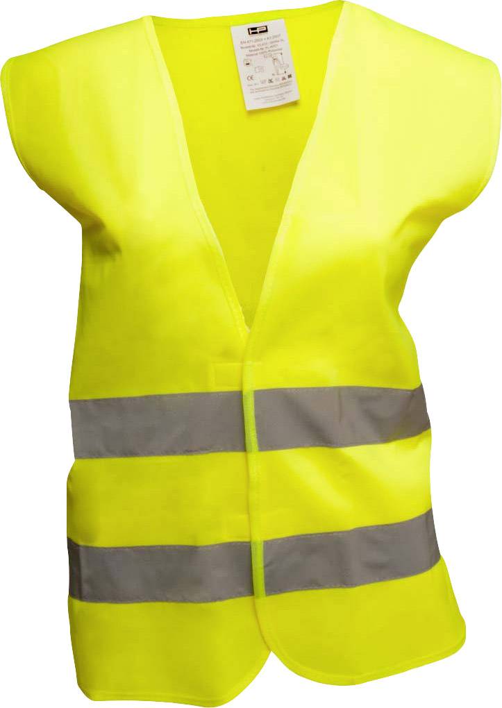 Gelbe Warnweste mit reflektierenden Streifen, geeignet für Verkehrssicherheit und Sichtbarkeit in dunklen Umgebungen.