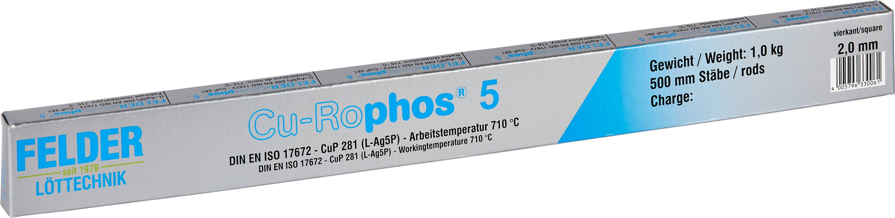 Verpackung von 'FELDER LÖTTECHNIK' Cu-Rophos 5 Lötstangen, 500 mm lang, Gewicht 1 kg. Temperaturbereich bis 710 °C.