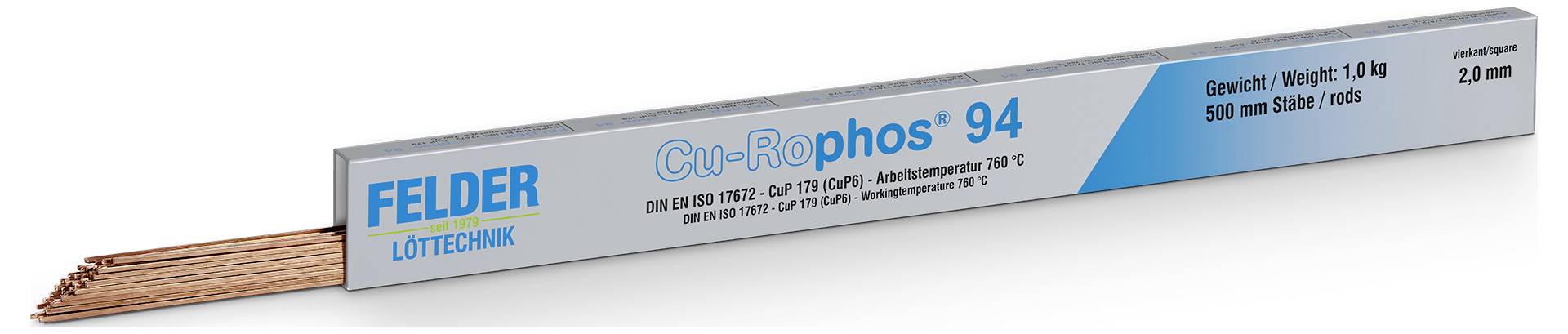 Packung von Cu-Rophos 94 Kupferlötdraht von FELDER Löttechnik, dargestellt in einer rechteckigen Schachtel mit Draht, der an einem Ende herausragt.