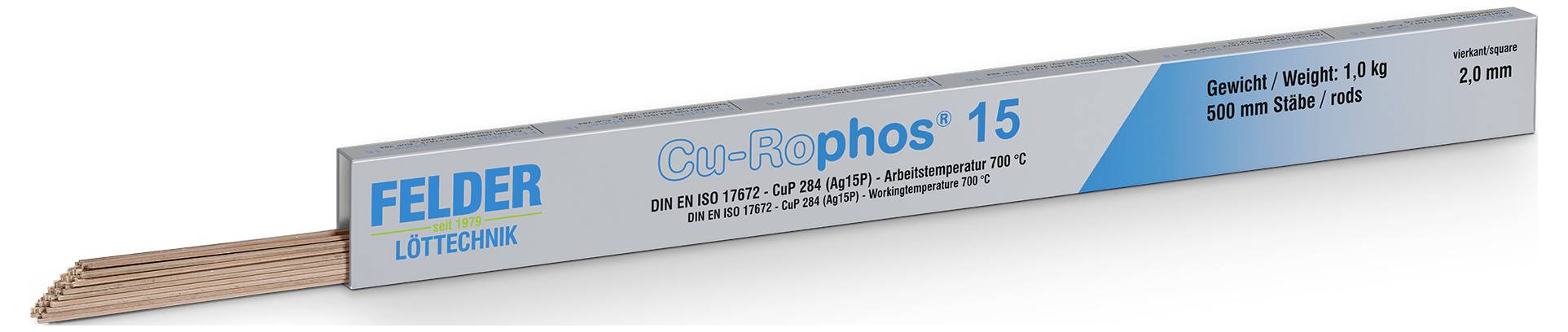 Eine Spule Cu-Rophos 15 Lötdraht von FELDER Löttechnik, gekennzeichnet mit 1,0 kg, 500 m Spule, 2,0 mm Durchmesser.