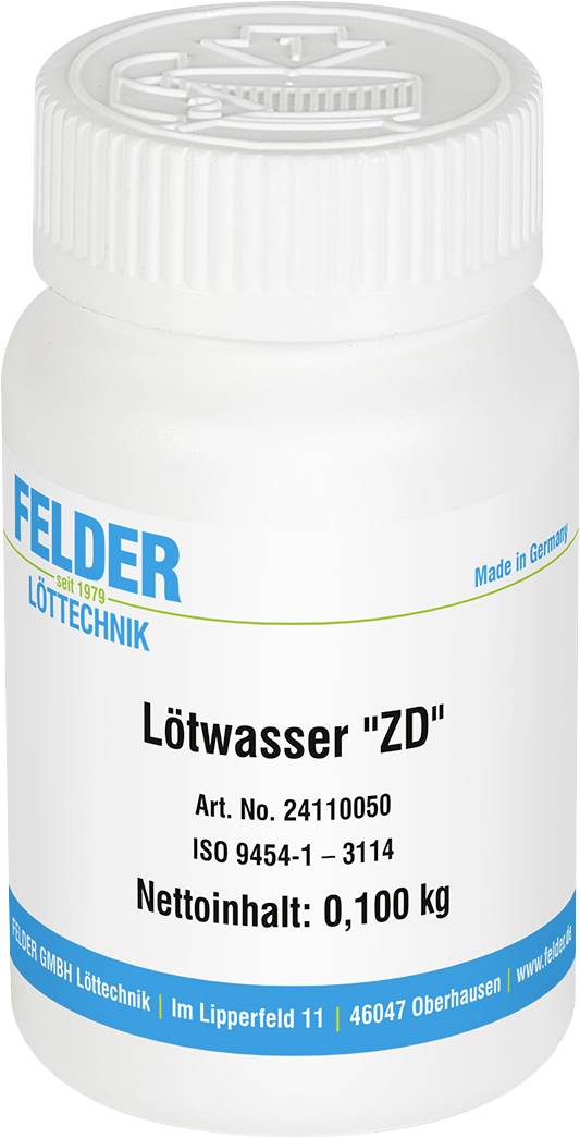 Weiße Kunststoffflasche mit der Aufschrift „Lötwasser ZD