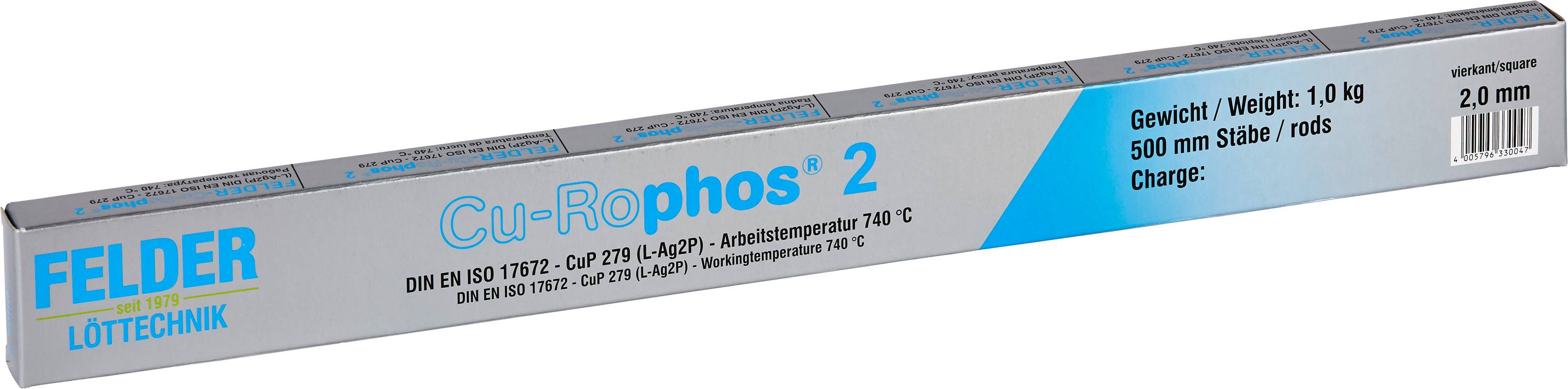 Eine Verpackung mit der Aufschrift 'Cu-Rophos 2', enthält Kupferphosphor-Lote, Gewicht: 1,0 kg, Durchmesser: 2,0 mm, Länge: 500 mm.