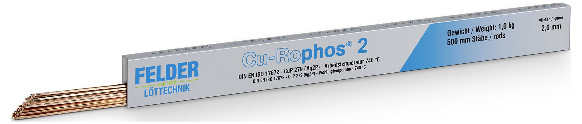 Produktbild von FELDER Löttechnik Cu-Rophos 2 Lötdraht in einer langen silbernen Verpackung mit der Kennzeichnung 1,0 kg, 500 mm Stäbe, 2,0 mm.