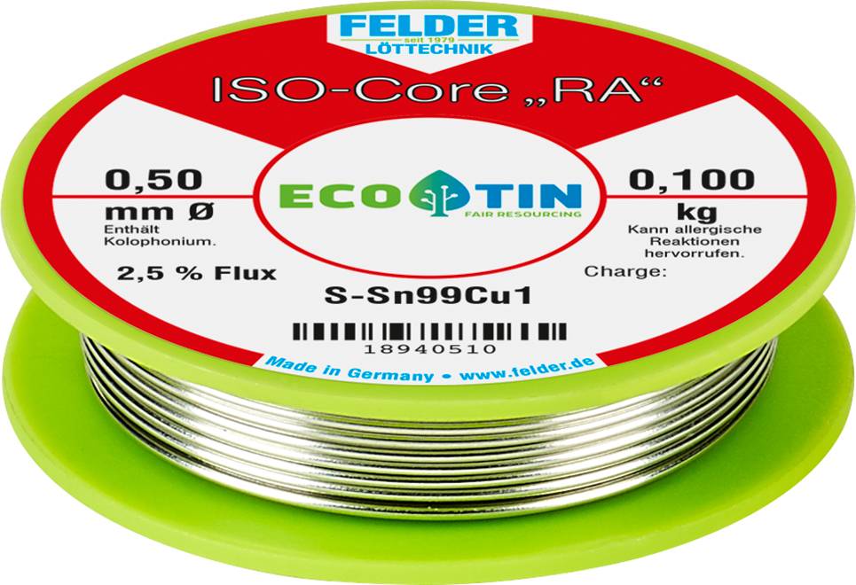 Felder ISO-Core "RA" Sn99Cu1 Lötzinn, bleifrei Spule Sn99,3Cu0,7 0.100kg 0.5mm