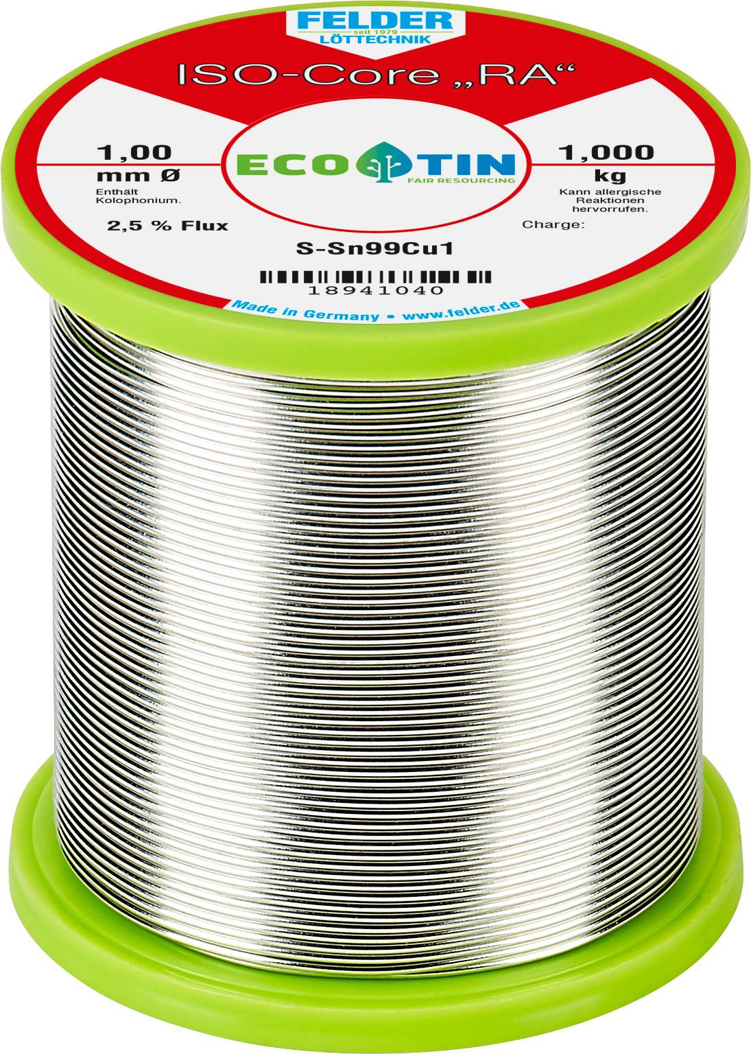 Lötzinnrolle mit der Aufschrift 'ISO-Core RA', 1,00 mm Durchmesser, 1 kg, 2,5 % Flussmittel. Hersteller: Felder Löttechnik, EcoTin.