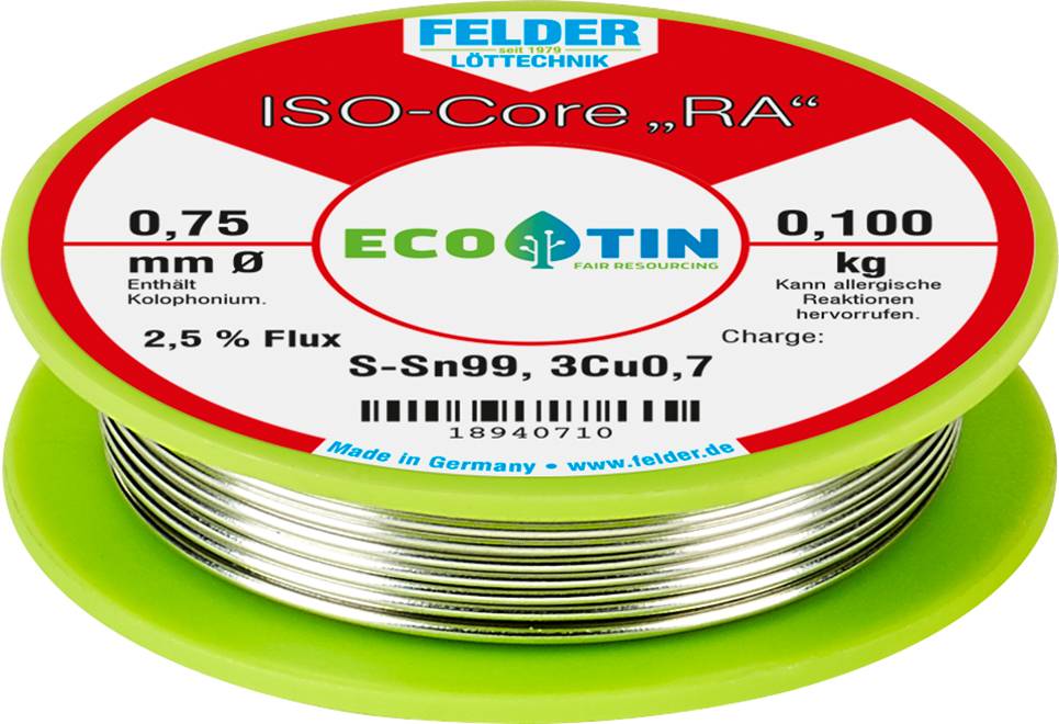 Felder ISO-Core "RA" Sn99Cu1 Lötzinn, bleifrei Spule Sn99,3Cu0,7 0.100kg 0.75mm
