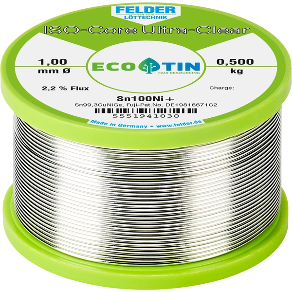 Felder ISO-Core "Ultra-Clear" Sn100Ni+ Lötzinn, bleifrei Spule Sn99,25Cu0,7Ni0,05 0.500kg 1mm Felder ISO-Core "Ultra-Clear" Sn100Ni+ Lötzinn, bleifrei Spule Sn99,25Cu0,7Ni0,05 0.500kg 1mm