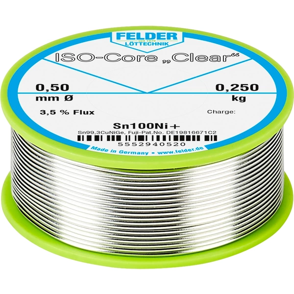 Felder ISO-Core "Clear" Sn100Ni+ Lötzinn Spule Sn99,25Cu0,7Ni0,05 0.250 kg 0.5 mm Felder ISO-Core "Clear" Sn100Ni+ Lötzinn Spule Sn99,25Cu0,7Ni0,05 0.250 kg 0.5 mm