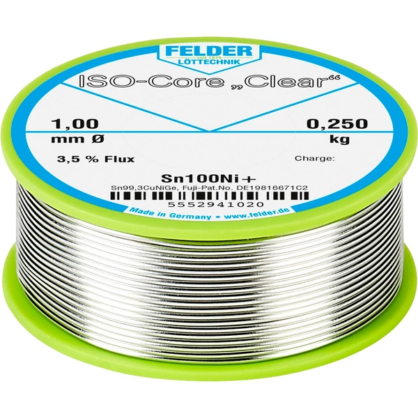Felder ISO-Core "Clear" Sn100Ni+ Lötzinn, bleifrei Spule Sn99,25Cu0,7Ni0,05 0.250 kg 1 mm Felder ISO-Core "Clear" Sn100Ni+ Lötzinn, bleifrei Spule Sn99,25Cu0,7Ni0,05 0.250 kg 1 mm