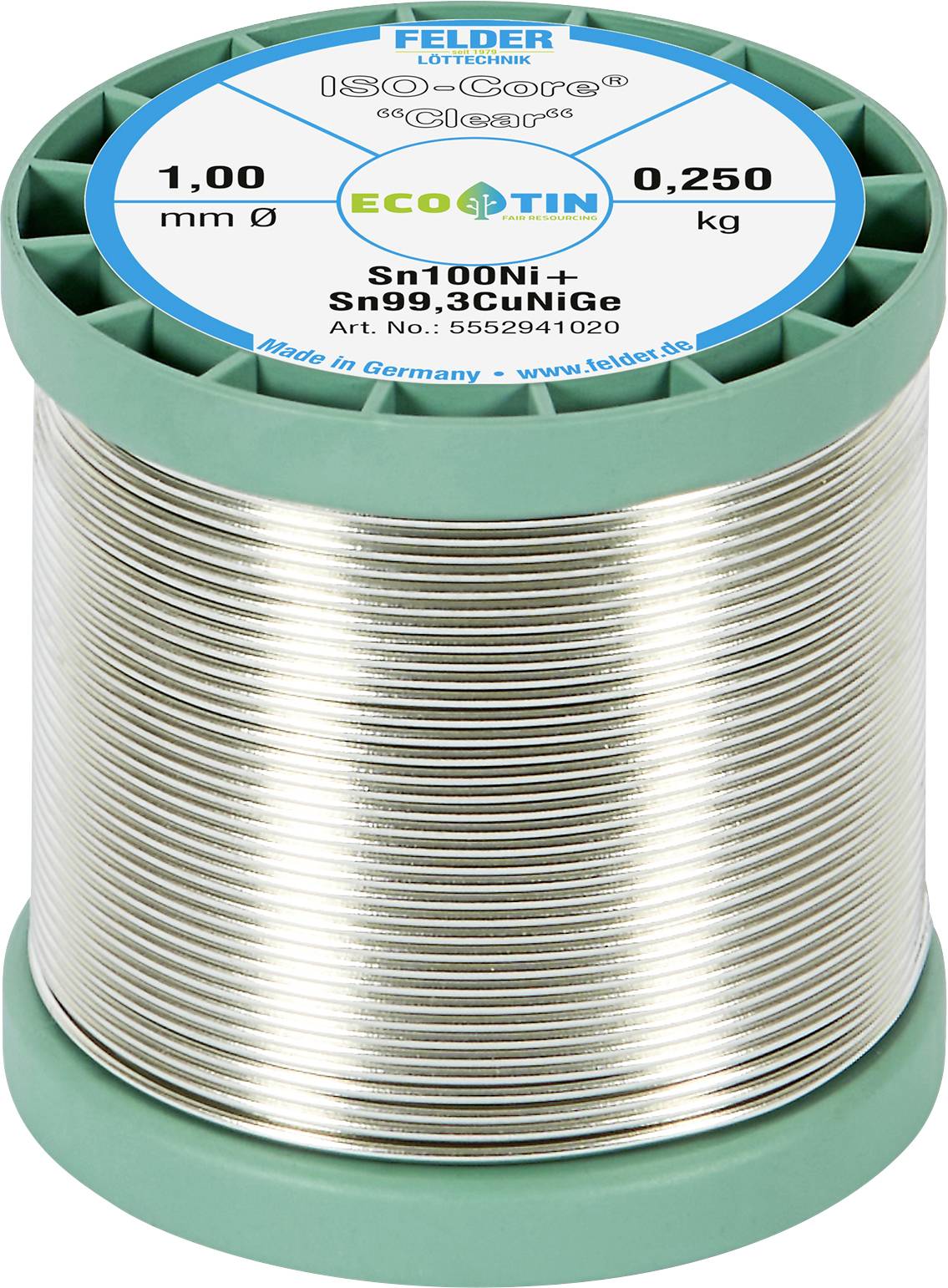 Lötzinnspule von Felder mit der Aufschrift 'ISO-Core Clear', 1,00 mm Durchmesser, 0,250 kg Gewicht, 3,5 % Flussmittel.