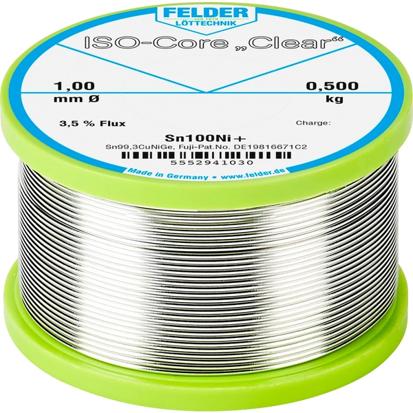 Felder ISO-Core "Clear" Sn100Ni+ Lötzinn Spule Sn99,25Cu0,7Ni0,05 0.500kg 1mm Felder ISO-Core "Clear" Sn100Ni+ Lötzinn Spule Sn99,25Cu0,7Ni0,05 0.500kg 1mm