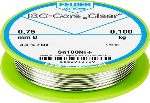 Felder Löttechnik ISO-Core  Clear  Sn100Ni+ Lötzinn Spule Sn99.25Cu0.7Ni0.05 0.100kg 0.75mm