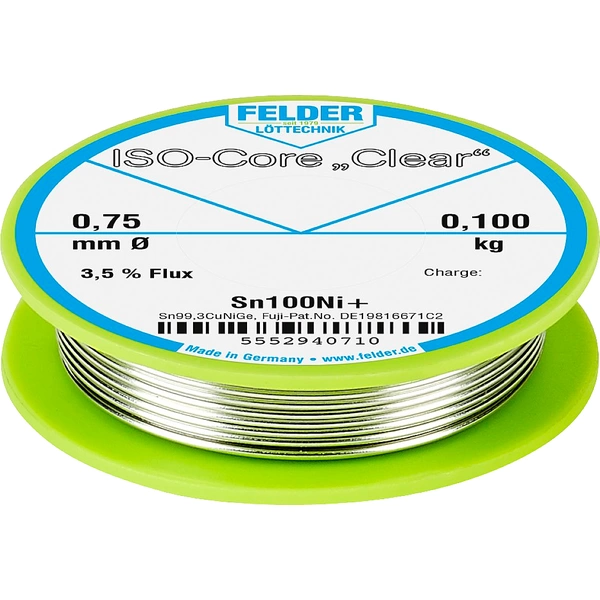 Felder ISO-Core "Clear" Sn100Ni+ Lötzinn Spule Sn99,25Cu0,7Ni0,05 0.100kg 0.75mm Felder ISO-Core "Clear" Sn100Ni+ Lötzinn Spule Sn99,25Cu0,7Ni0,05 0.100kg 0.75mm