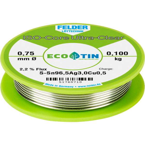 Felder Löttechnik ISO-Core "Ultra Clear" SAC305 Lötzinn Spule Sn96,5Ag3Cu0,5 0.100 kg 0.75 mm