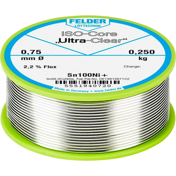 Felder ISO-Core "Ultra-Clear" Sn100Ni+ Lötzinn, bleifrei Spule Sn99,25Cu0,7Ni0,05 0.250kg 0.75mm Felder ISO-Core "Ultra-Clear" Sn100Ni+ Lötzinn, bleifrei Spule Sn99,25Cu0,7Ni0,05 0.250kg 0.75mm