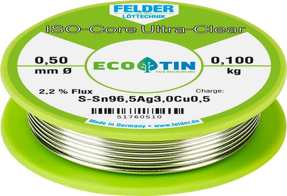 Felder ISO-Core "Ultra Clear" SAC305 Lötzinn Spule Sn96,5Ag3Cu0,5 0.100kg 0.5mm