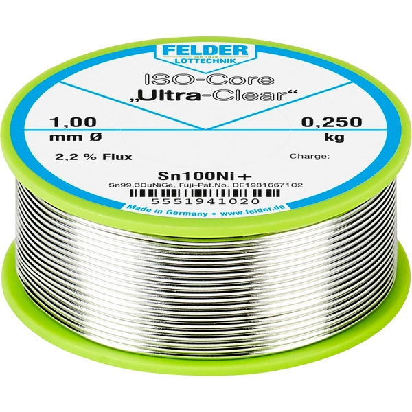 Felder ISO-Core "Ultra-Clear" Sn100Ni+ Lötzinn, bleifrei Spule Sn99,25Cu0,7Ni0,05 0.250 kg 1 mm Felder ISO-Core "Ultra-Clear" Sn100Ni+ Lötzinn, bleifrei Spule Sn99,25Cu0,7Ni0,05 0.250 kg 1 mm