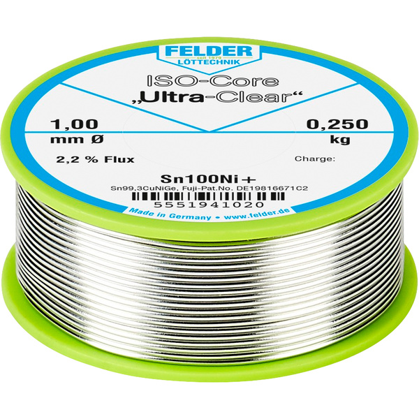 Felder Löttechnik ISO-Core "Ultra-Clear" Sn100Ni+ Lötzinn, bleifrei Spule Sn99,25Cu0,7Ni0,05 0.250