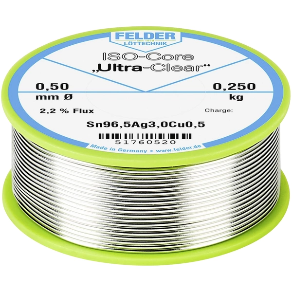 Felder ISO-Core "Ultra Clear" SAC305 Lötzinn Spule Sn96,5Ag3Cu0,5 0.250kg 0.5mm Felder ISO-Core "Ultra Clear" SAC305 Lötzinn Spule Sn96,5Ag3Cu0,5 0.250kg 0.5mm