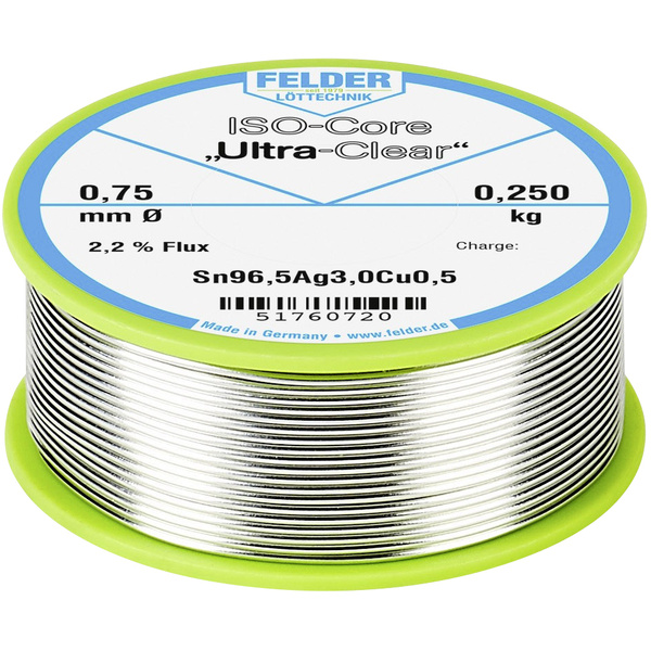Felder Löttechnik ISO-Core "Ultra Clear" SAC305 Lötzinn Spule Sn96,5Ag3Cu0,5 0.250 kg 0.75 mm