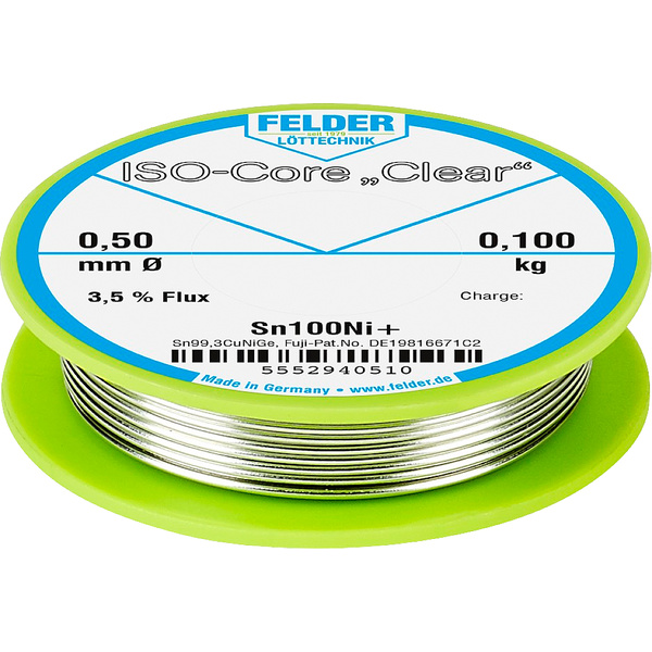 Felder Löttechnik ISO-Core "Clear" Sn100Ni+ Lötzinn Spule Sn99,25Cu0,7Ni0,05 0.100 kg 0.5 mm