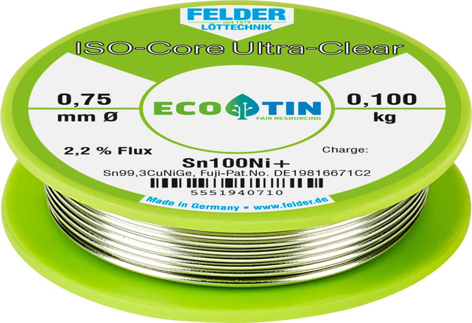 Lötspule der Marke Felder, Typ: ISO-Core Ultra-Clear, Drahtdurchmesser 0,75 mm, Gewicht 0,100 kg, Flux 2,2 %, aus Eco-Tin.