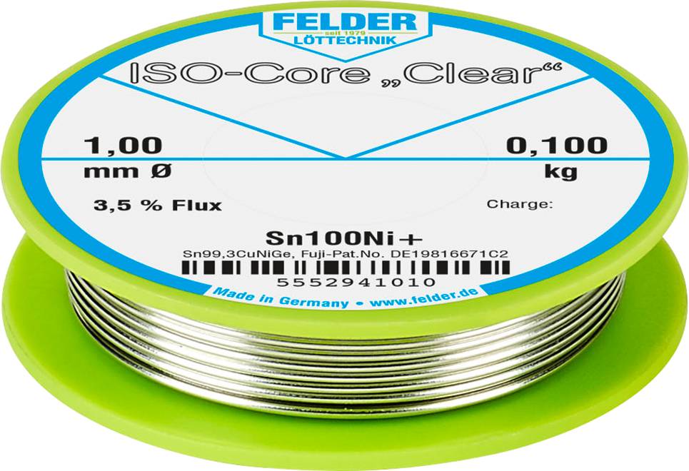 Felder ISO-Core "Clear" Sn100Ni+ Lötzinn Spule Sn99,25Cu0,7Ni0,05 0.100kg 1mm