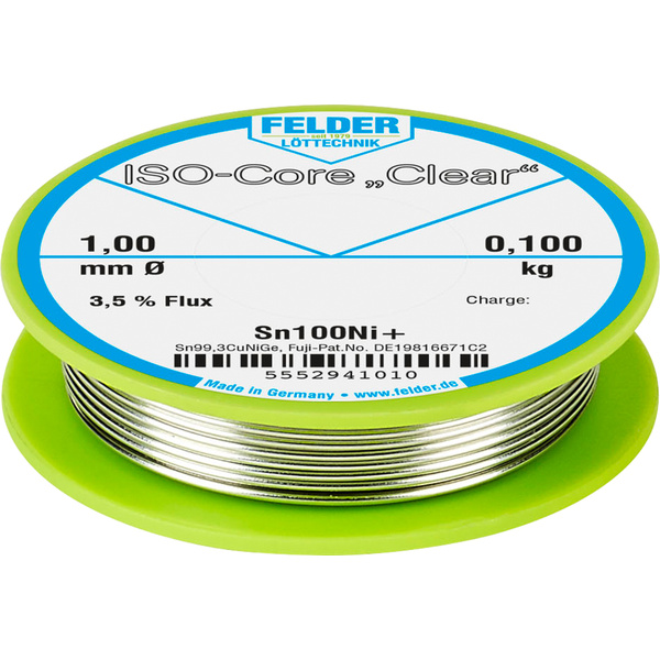 Felder Löttechnik ISO-Core "Clear" Sn100Ni+ Lötzinn Spule Sn99,25Cu0,7Ni0,05 0.100kg 1mm