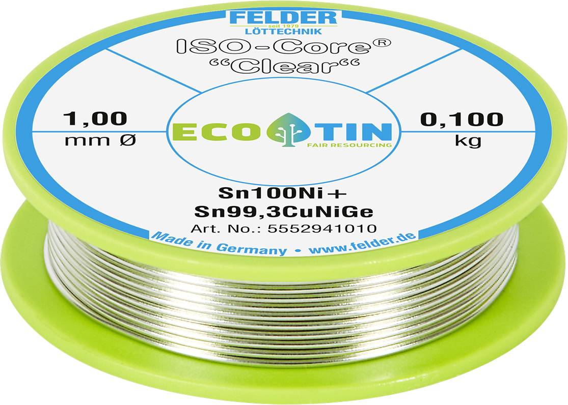 Lötzinnspule 'Felder ISO-Core Clear' mit 1,00 mm Durchmesser, 0,100 kg Gewicht. 3,5 % Flussmittel. Sn100Ni+ Legierung. Hergestellt in Deutschland.