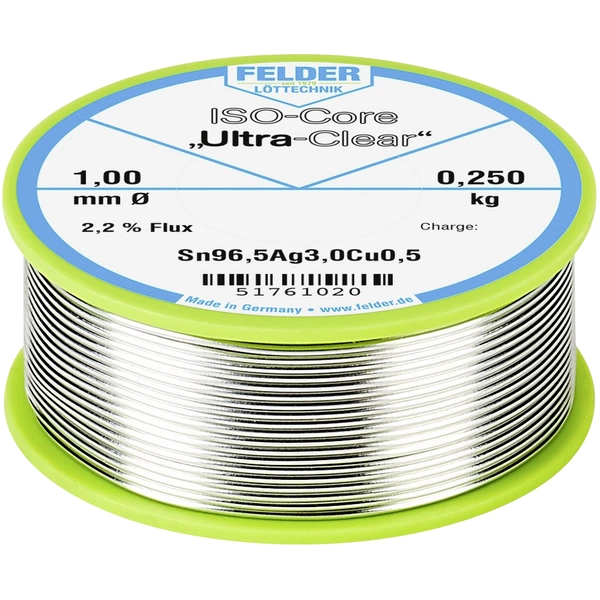 Felder ISO-Core "Ultra Clear" SAC305 Lötzinn Spule Sn96,5Ag3Cu0,5 0.250kg 1mm Felder ISO-Core "Ultra Clear" SAC305 Lötzinn Spule Sn96,5Ag3Cu0,5 0.250kg 1mm