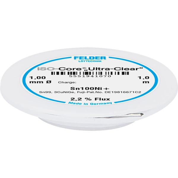 Felder ISO-Core "Ultra-Clear" Sn100Ni+ Lötzinn, bleifrei Spule Sn99,25Cu0,7Ni0,05 1mm Felder ISO-Core "Ultra-Clear" Sn100Ni+ Lötzinn, bleifrei Spule Sn99,25Cu0,7Ni0,05 1mm