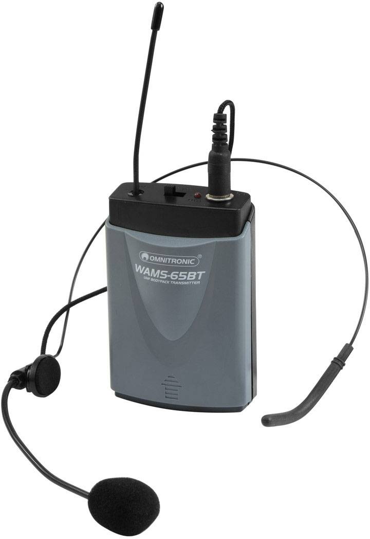 Ein kabelloses Headset mit Mikrofon und Empfängergerät, geeignet für Präsentationen und öffentliche Reden.