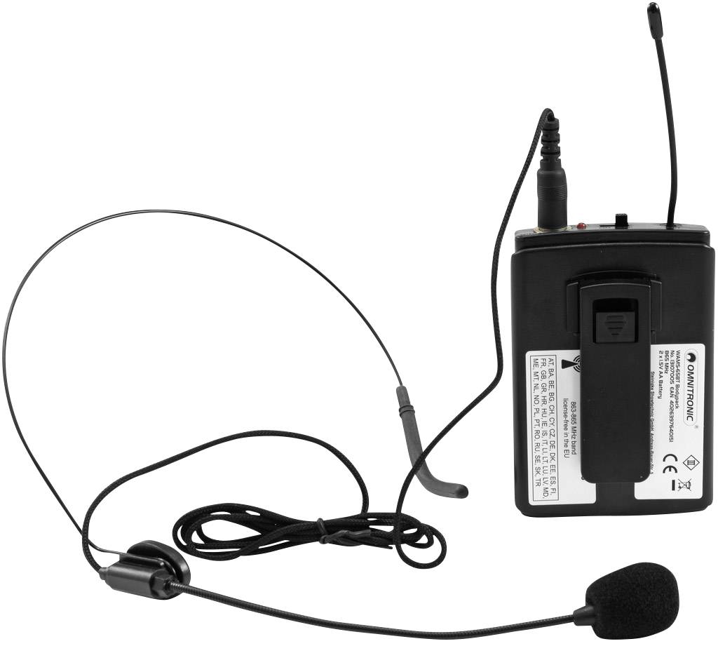 Ein tragbares Mikrofon-Set mit einem Headset-Mikrofon und einem drahtlosen Sender, geeignet für Präsentationen oder Bühnenauftritte.