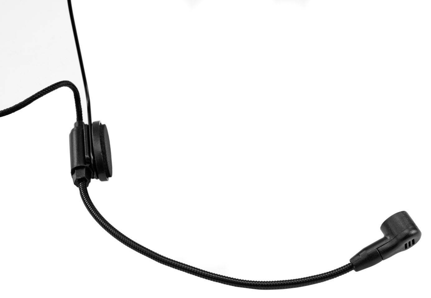 Ein schwarzes Mikrofon mit flexiblem Hals auf weißem Hintergrund, geeignet für Headsets oder Konferenzsysteme.