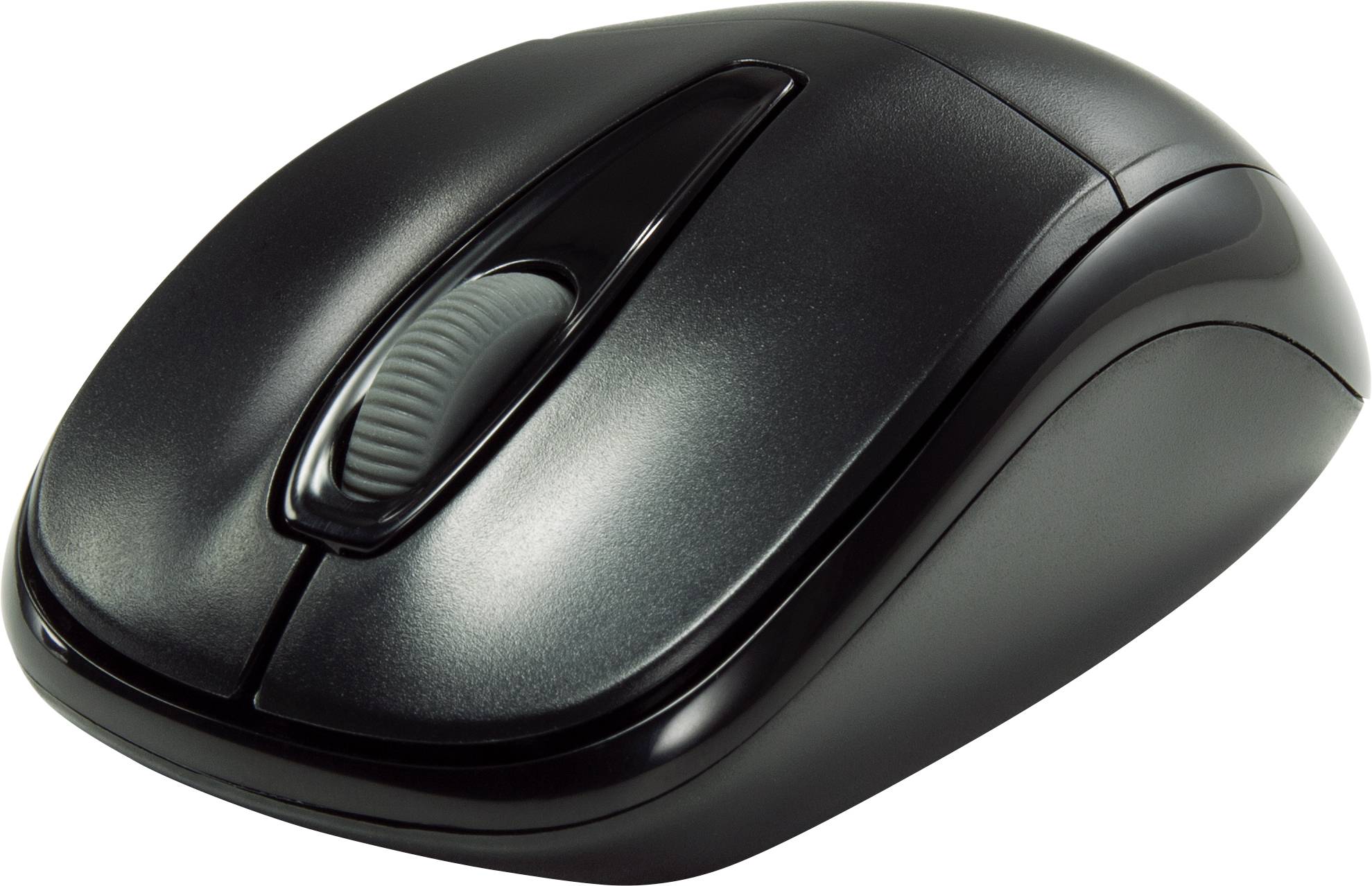 Eine kabellose schwarze Computermaus mit zwei Tasten und einem Scrollrad in der Mitte.