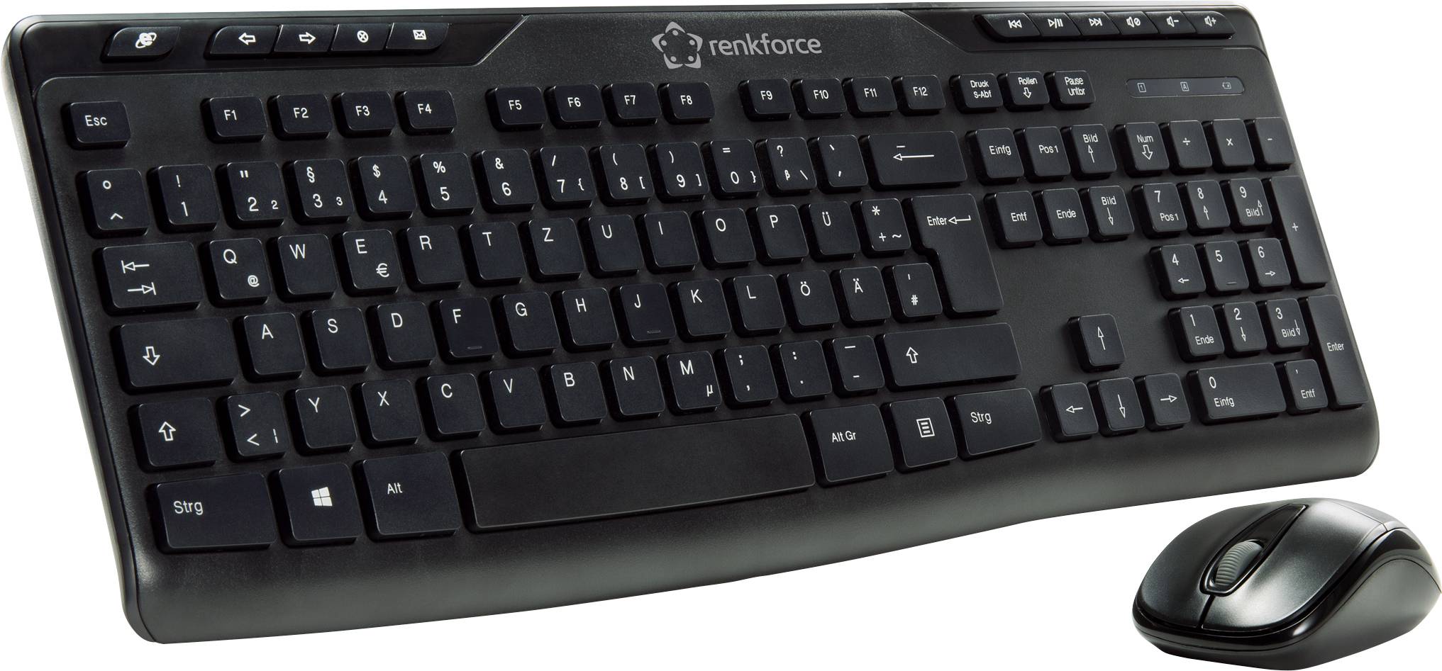 Kabellose schwarze Tastatur mit deutschem Layout und dazugehöriger kabelloser Maus, beide von der Marke Renkforce.