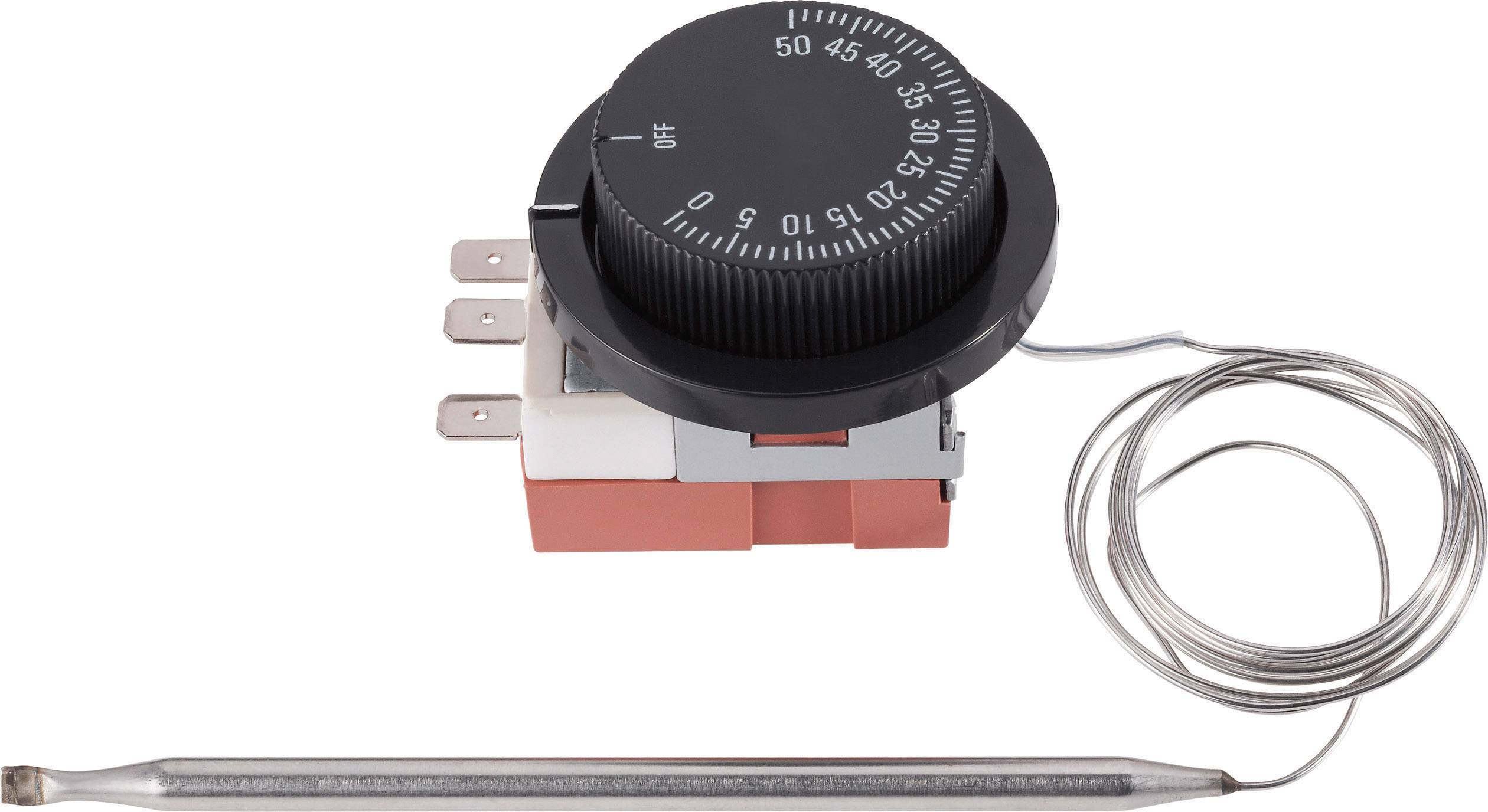 Thermostat mit Drehknopf, Skala von 0 bis 50 Grad, verbunden mit einem langen, gewundenen Fühler.