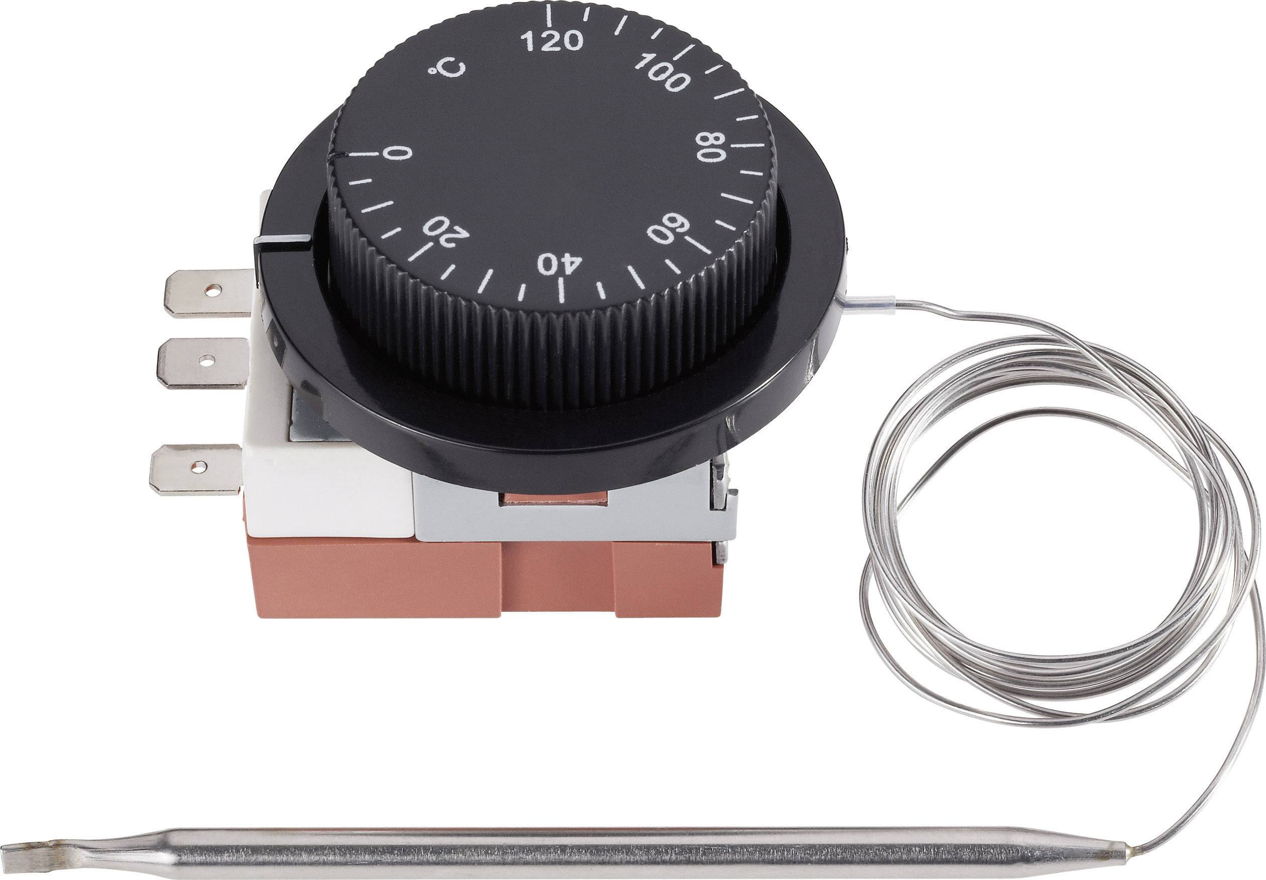 Schwarzer Drehthermostat mit Skala von 0 bis 120 Grad Celsius. Angeschlossene Metallsonde, geeignet für Temperaturregelung.