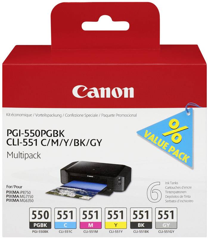 Canon Tintenpatronen Multipack PGI-550/CLI-551 für Drucker, mit sechs Patronen in verschiedenen Farben. Verpackung mit 'Value Pack'-Aufdruck.