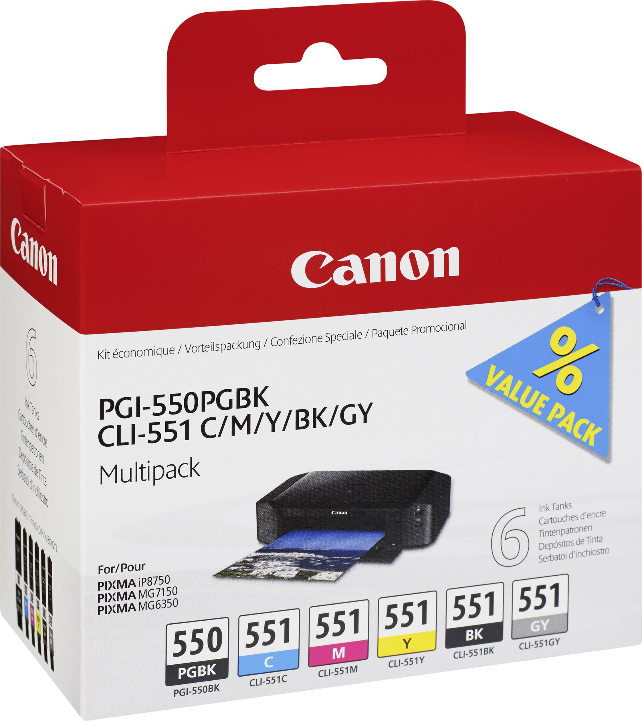 Canon Tintenpatronen Multipack: PGI-550PGBK und CLI-551 in Farben C/M/Y/BK/GY. Für Druckermodelle wie PIXMA MG5750/MG6350.