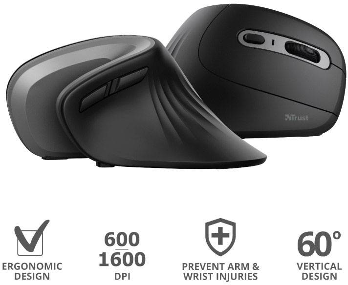 Trust VERRO Ergonomische Maus Funk Optisch Schwarz 5 Tasten 1600 dpi, 1200 dpi, 600 dpi Ergonomisch