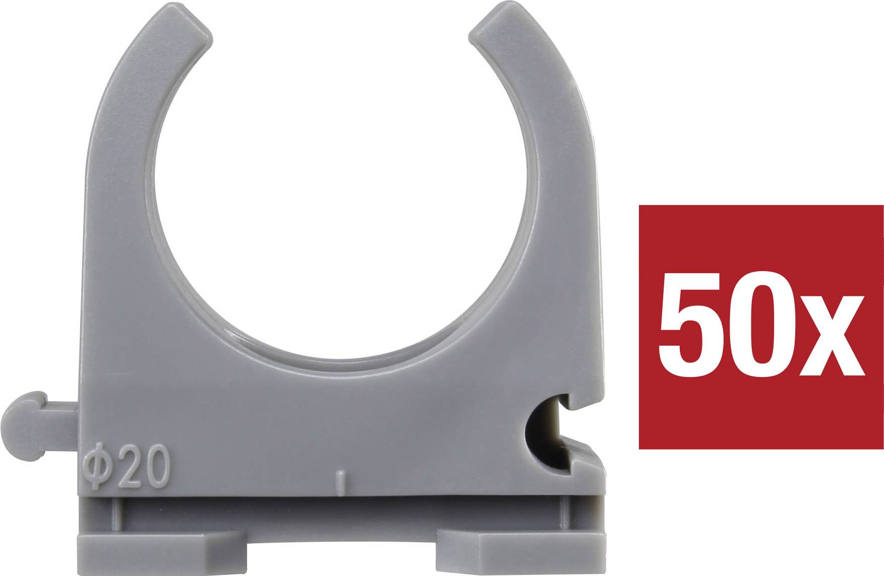 Graue Rohrschelle aus Kunststoff mit einem Durchmesser von 20 mm, daneben ein rotes Quadrat mit der weißen Aufschrift '50x'.