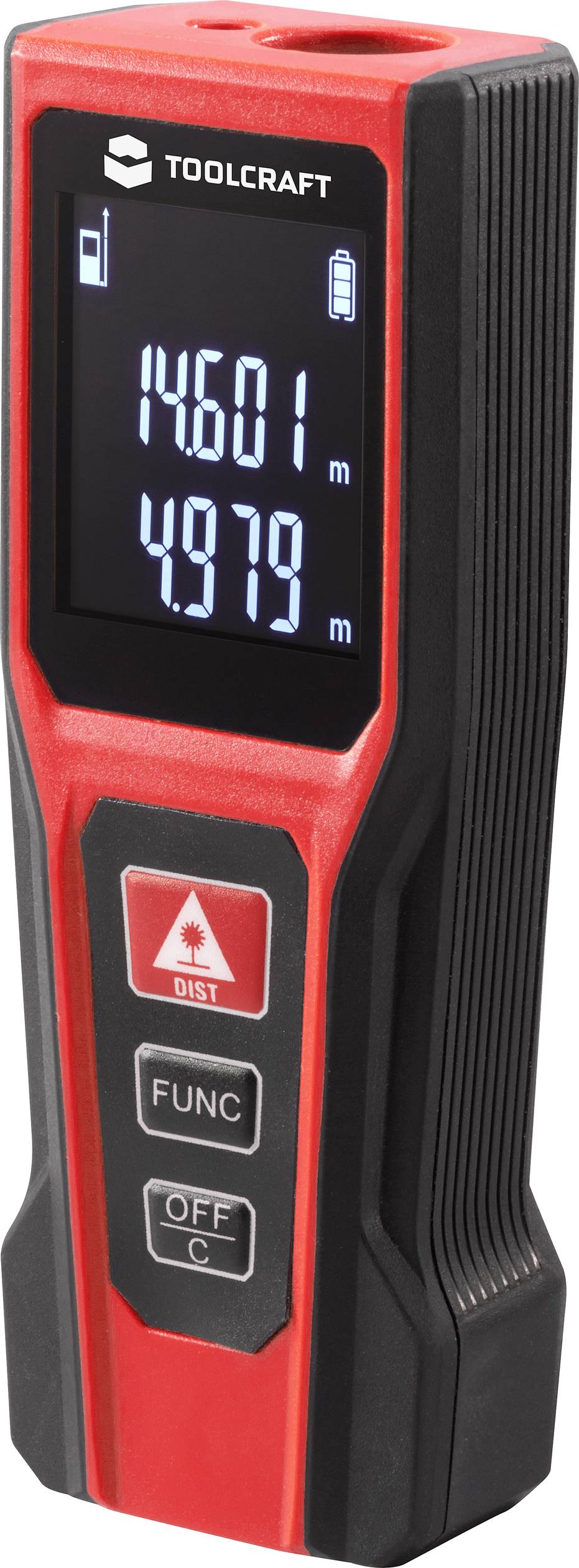 Rotes digitales Laser-Entfernungsmessgerät der Marke Toolcraft mit Displayanzeige: '146.01 m' und '4.979 m'. Enthält Funktionsknöpfe.