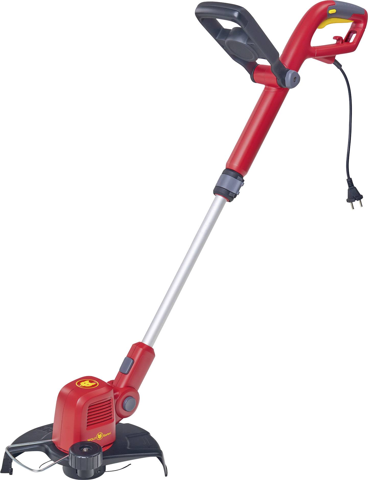 Roter elektrischer Rasentrimmer mit ergonomischem Griff und Kabel, geeignet zum präzisen Schneiden von Rasenkanten und kleinen Flächen.