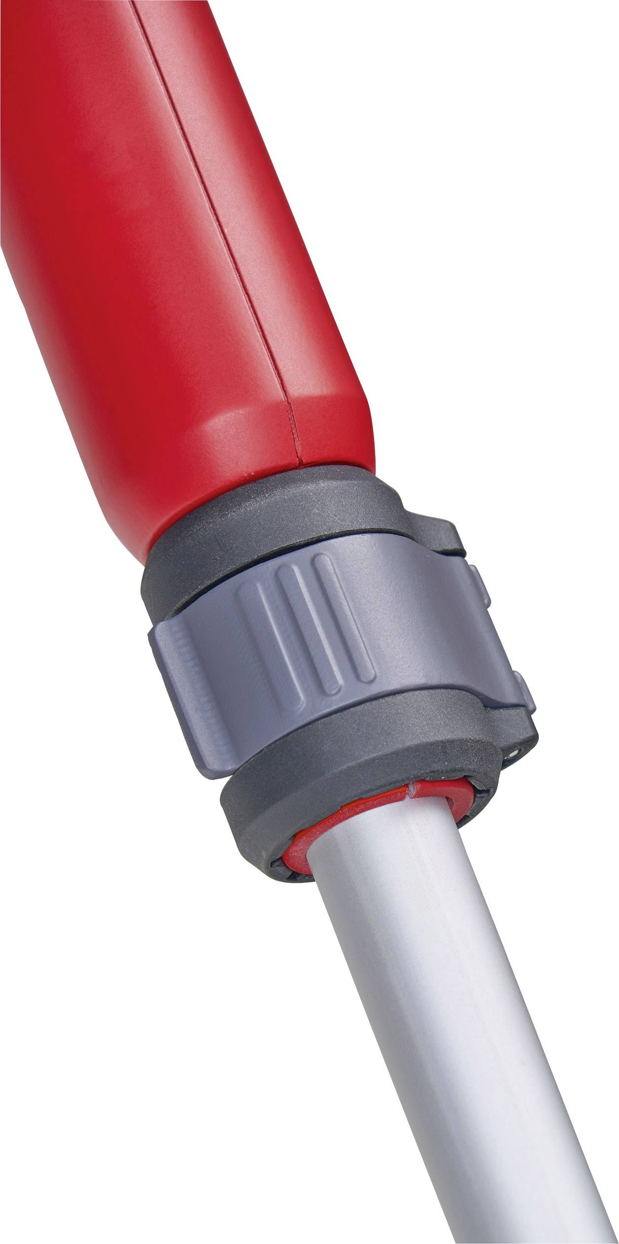 Nahaufnahme einer roten Haltestange mit grauem Klemmsystem. Zeigt die Verbindung zwischen rotem Griff und silbernem Metallrohr.