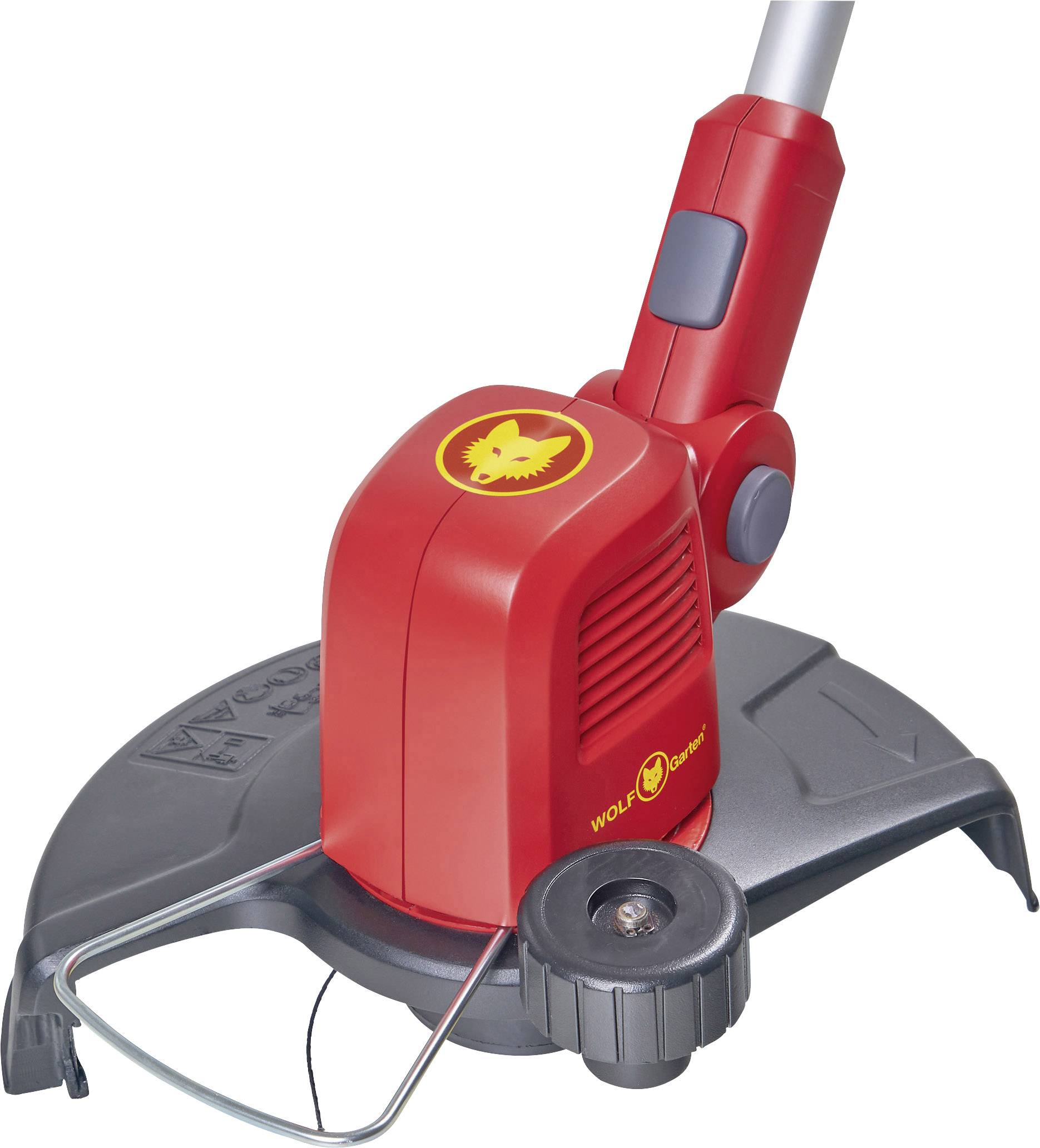 Ein roter elektrischer Rasentrimmer mit schwarzem Schutzschild und gelbem Logo von Wolf-Garten, geeignet für Gartenpflege.