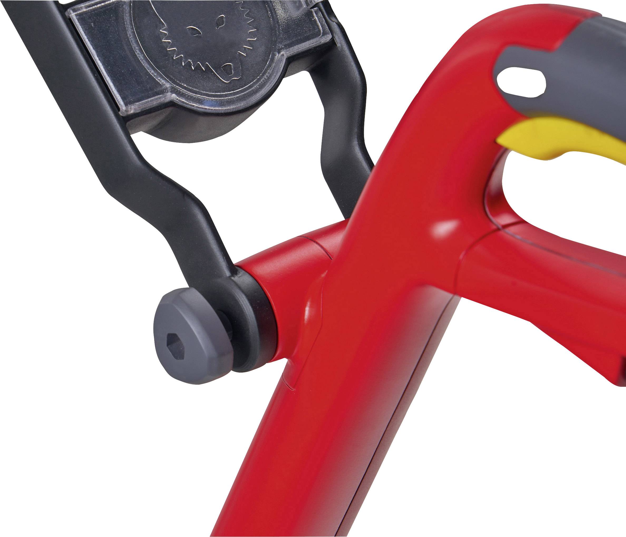 Roter Griff eines Gartengeräts mit schwarzem Befestigungsmechanismus und gelbem Akzent.