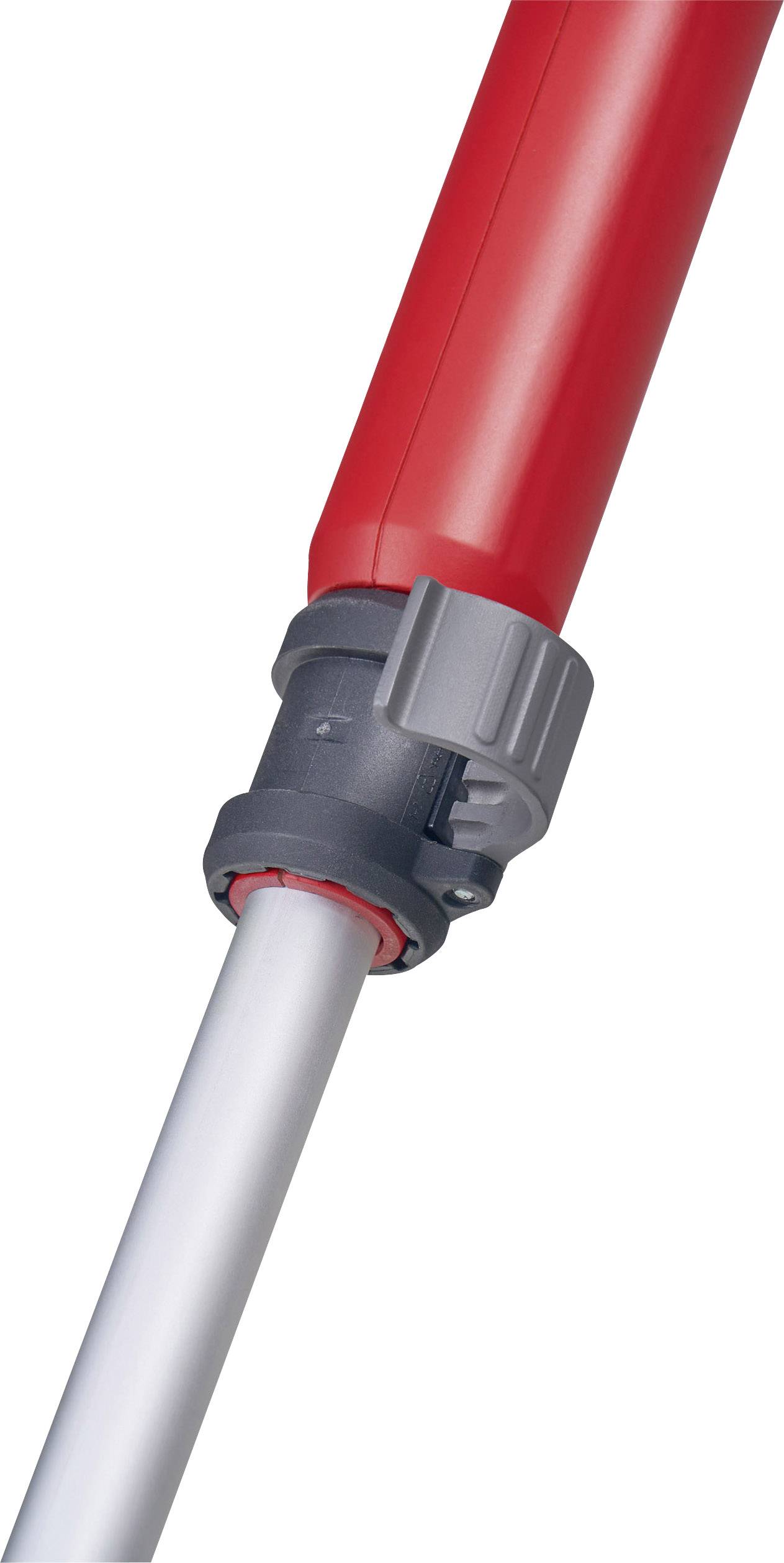 Ein roter, ausziehbarer Griff eines Werkzeugs mit schwarzem, drehbarem Verschlussmechanismus zur Längenverstellung.