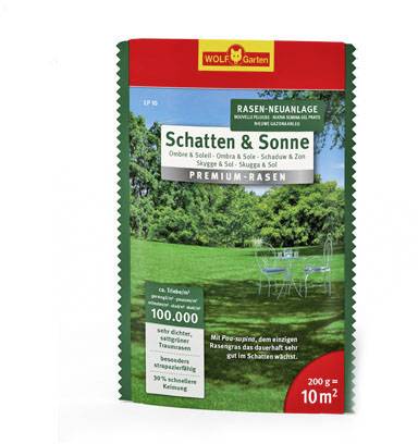 Verpackung eines Premium-Rasensamens für 'Schatten & Sonne', geeignet für 10 Quadratmeter. Bild von einem grünen Rasen mit Stühlen.
