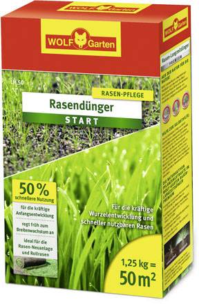 Kartonschachtel mit dem Aufdruck 'WOLF-Garten Rasendünger Start', geeignet für 50 m² Rasenfläche. Fördert Wurzelentwicklung.